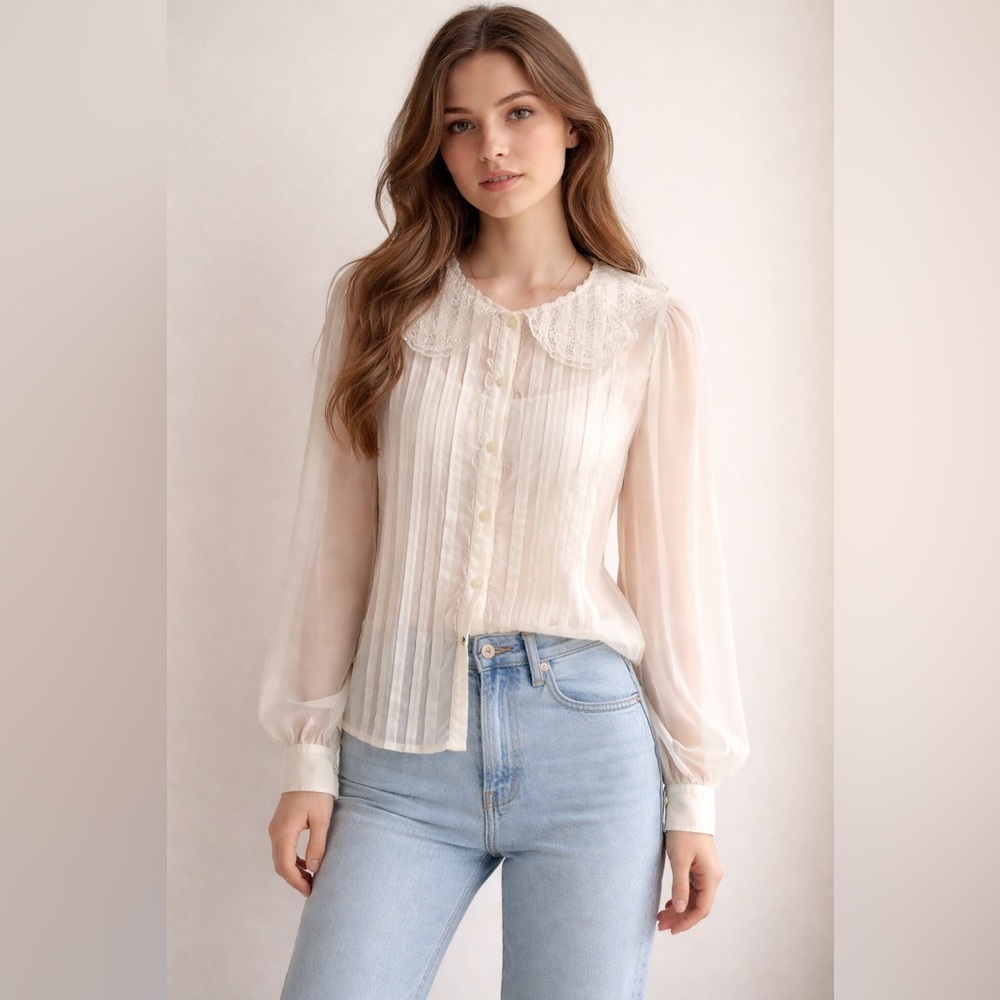 Vtg Nilani Sheer Ivory Pintuck Blouse Lace Collar Y2K Retro Romantic Womens L